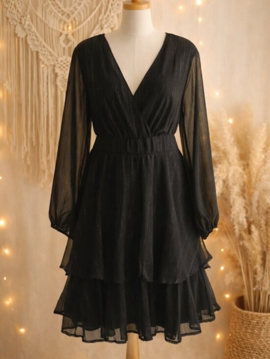 Japna Dresses & Skirts - Japna Black Metallic Shimmer Tiered Flowy Dress XL Boho Romantic Cottagecore